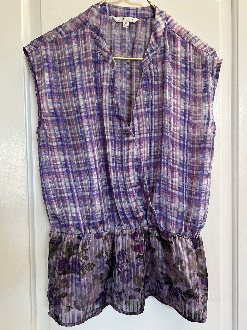 CAbi Purple Plaid & Floral Sleeveless Peplum Top